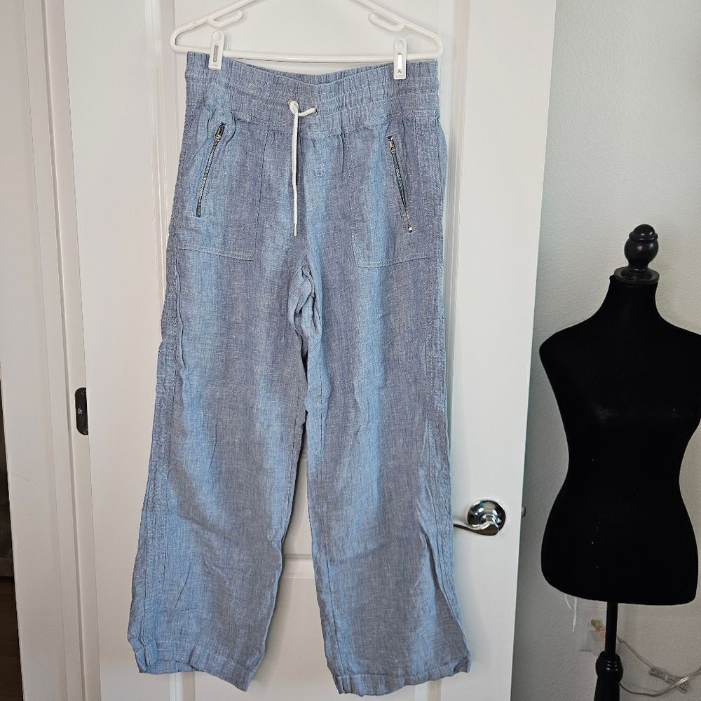Athleta Cabo pant, linen, blue, wide leg, women's size 10